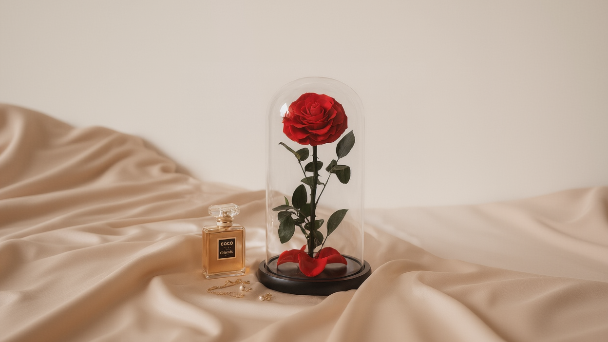 Red rose in a glass dome with a Chanel perfume bottle on a beige background