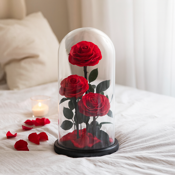 Three red roses under a glass dome on a bed with a candle in the background