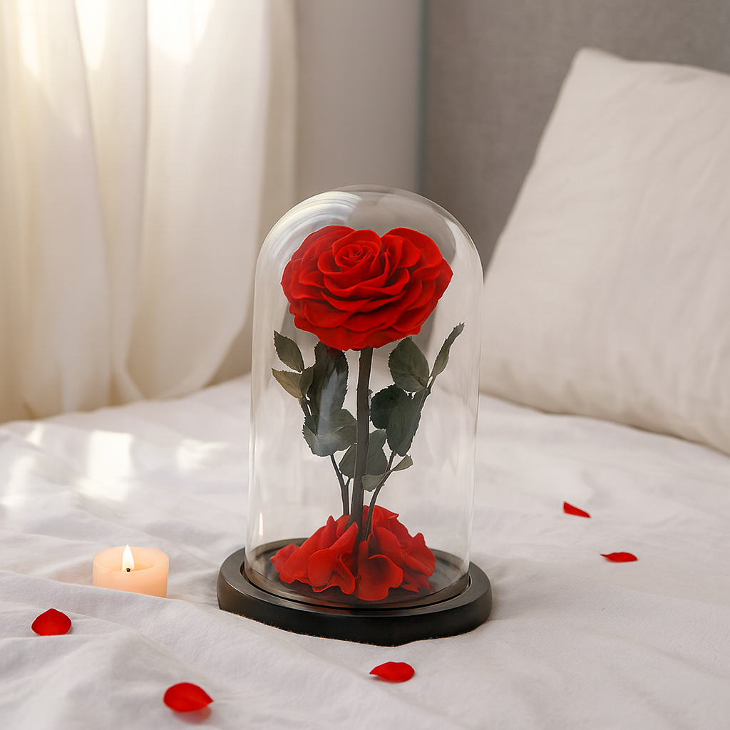 Red rose inside a glass dome on a soft surface with scattered petals and a candle.