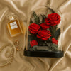 Preserved red roses in a glass dome  on a satin background