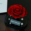 Red rose in a black holder with 'Mom I love you' card on a dark background