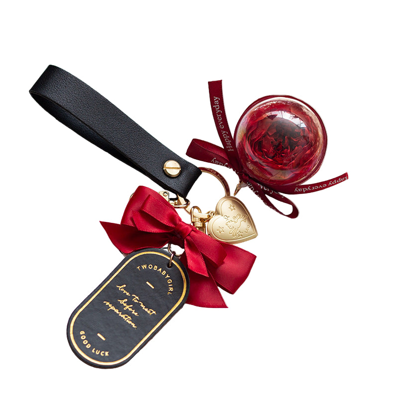 Keychain with heart-shaped charms and red preserved  rose, elegant gift for her