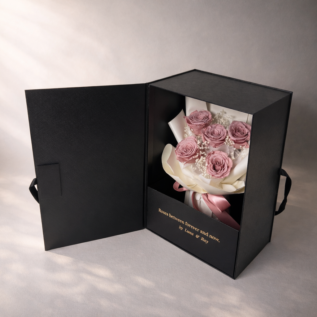 luxury preserved roses gift box, elegant floral display
