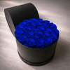 26 Royal Blue Preserved Roses in Large Leather Round Box - Grand Gesture Flowers