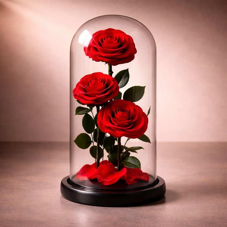 Signature Tower Dome - Three Red Preserved Roses in Vertical Glass Dome