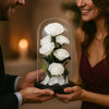 Two people holding a glass dome with white roses inside, against a warm, blurred background.
